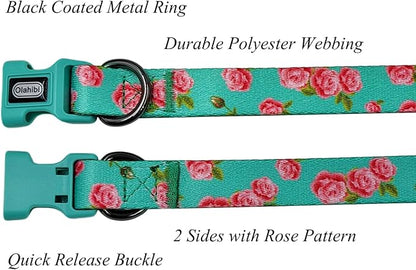 Dog Collar Leash Set, Floral Pattern, Polyester Material, Adjustable Collar and 5ft Matching Leash, for Small Dogs.(S, Green Rose)