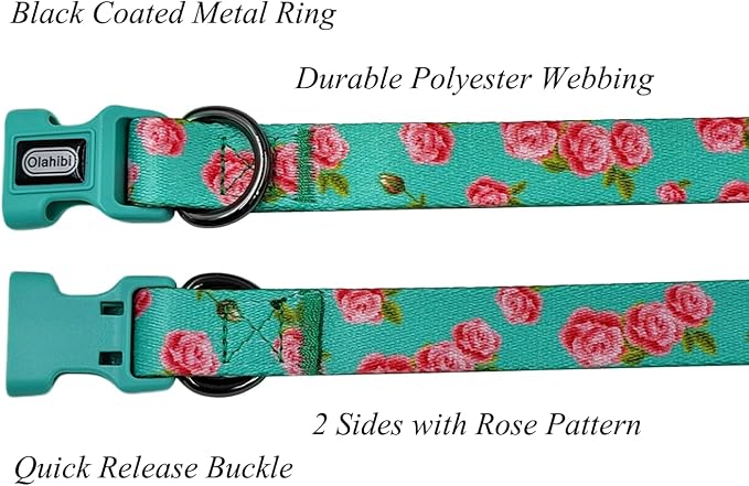 Dog Collar Leash Set, Floral Pattern, Polyester Material, Adjustable Collar and 5ft Matching Leash, for Puppy Dogs.(XS, Green Rose)