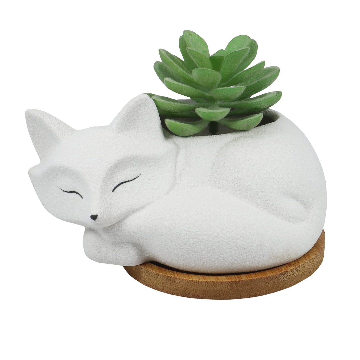 Gemseek Cute Fox Succulent Planter Pot with Drainage Tray, Small White Ceramic Cactus Flower Container, Animal Shaped Indoor Air Plants Holder