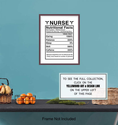 Nurse Nutritional Facts Wall Art - Funny 8x10 Room Decor, Home Decoration for Medical Clinic or Office - Unique Gift for Physicians Assistant, PA, Student - Unframed Poster Picture Sign Print