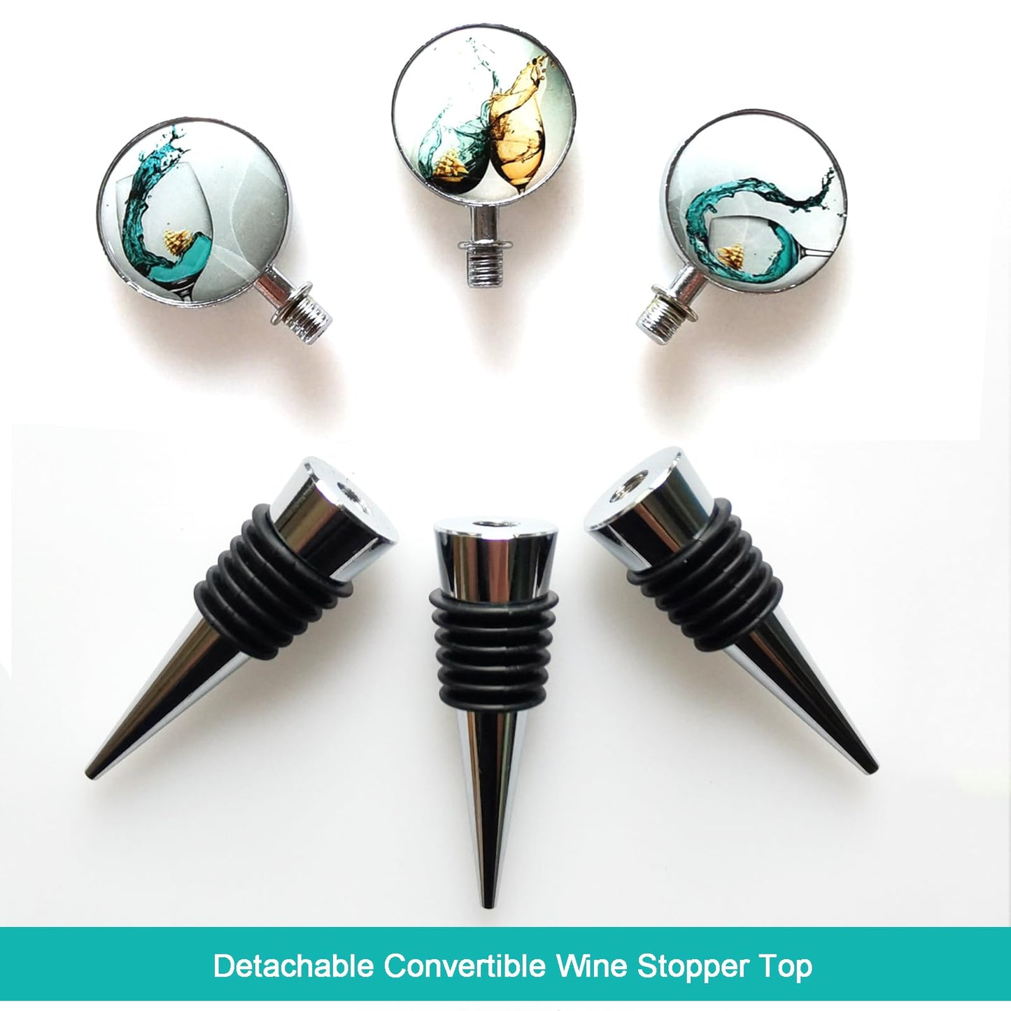 Lockban Wine Bottle Stoppers, Set of 3 Stainless Steel Wine Stoppers with Decorative Art Glass, Wine and Beverage Bottle Corks for Gifts, Bar, Wedding, Holiday Party (Green)
