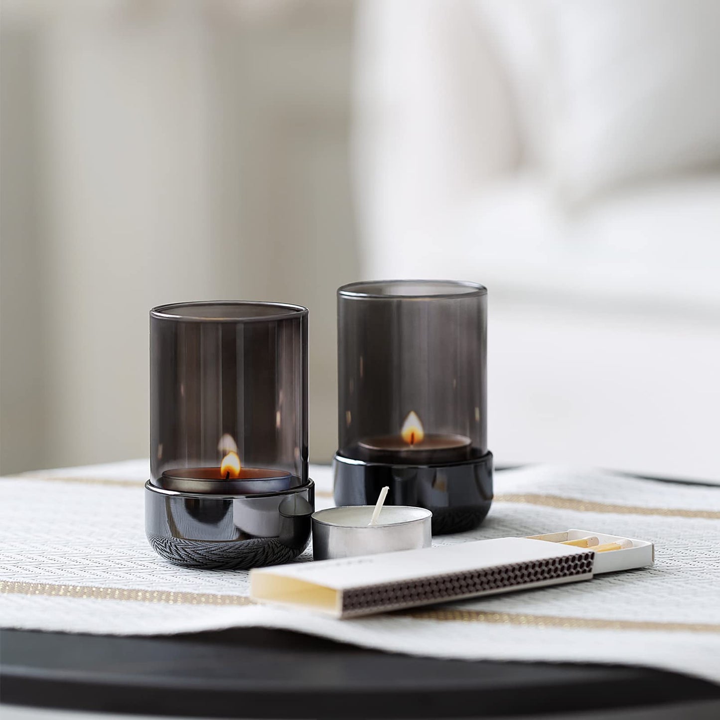 Faveaux Tealight Candle Holder Black Tea Candle Holder Cylinder Glass for Standard Tea Light Birthday Party Table DIY Decor Pack of 4, Black Nickel Base+Black Glass