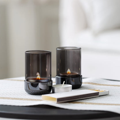 Faveaux Tealight Candle Holder Black Tea Candle Holder Cylinder Glass for Standard Tea Light Birthday Party Table DIY Decor Pack of 4, Black Nickel Base+Black Glass