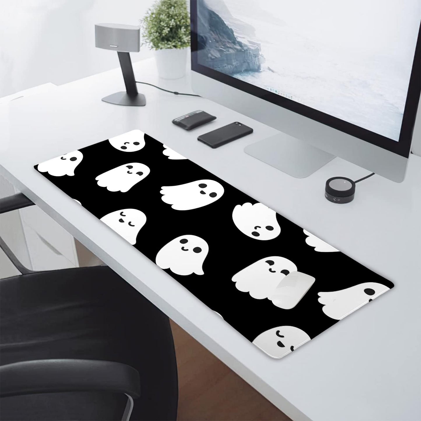 Halloween Cute Ghost Mouse Pad Kawaii Cartoon Spooky Funny Spirit Extended Desk Mat Non-Slip Rubber Base Stitched Edge Large XL Black White Mousepad for Desk Gaming Laptop Desktop,31.5×11.8 Inch