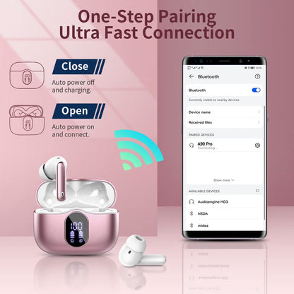 Wireless Earbuds Bluetooth 5.3 Headphones Bass Stereo Ear Buds with Noise Cancelling Mic LED Display in Ear Earphones IP7 Waterproof 36H Playtime for Laptop Pad Phones Sports Workout Pink Gold
