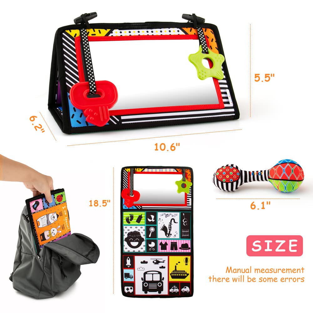 3-in-1 Tummy Time Mirror with Soft Crinkle 3D Activity Book, Teethers, Rattle - High Contrast Black and White Montessori Baby Crawling Toys Developmental Newborn Infant Sensory Toys Gift 0-12 Months