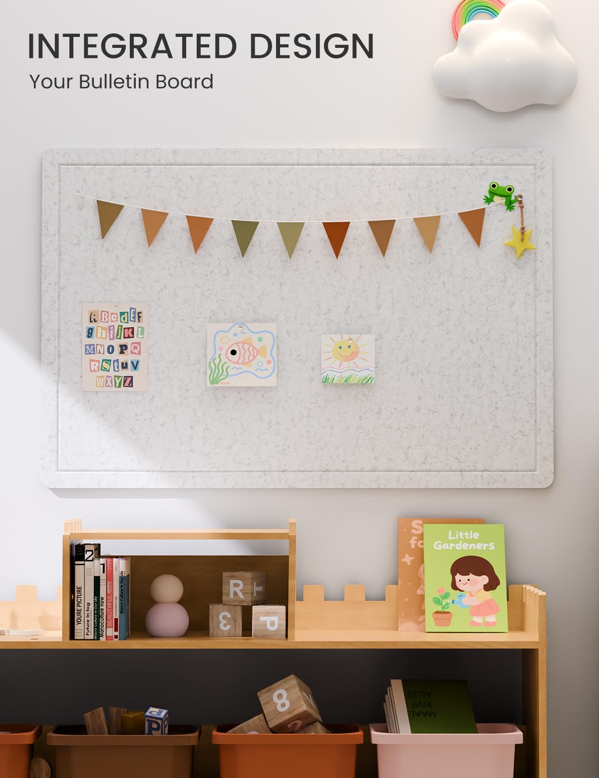 Fluxynara Bulletin Board,35.4" x 23.6" Cork Board Alternative with 12 Safe Removable Adhesive Tabs, Foldable Felt Pin Board for Home Office, Classroom, Bedroom,Entryway for Walls—Light Gray