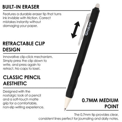 Grabie Erasable Gel Pens, Medium Point 0.7 mm Erasable Pens, Make Mistakes Disappear for Drawing Writing Planner, Pack of 6, Black