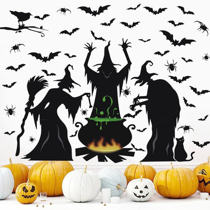 Halloween Window Clings Decorations, Witches with Cauldron Silhouette Black Cats Bats Spider Halloween Window Stickers Decals for Home Party Indoor Outdoor Glass Windows Door Decor