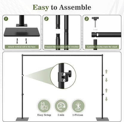 Backdrop Stand 10x10 ft Adjustable Photo Backdrop Stand Kit, Heavy Duty Pipe and Drape Photography Background Support with Flat Metal Base for Wedding, Party, Video Studio, Birthday, Black