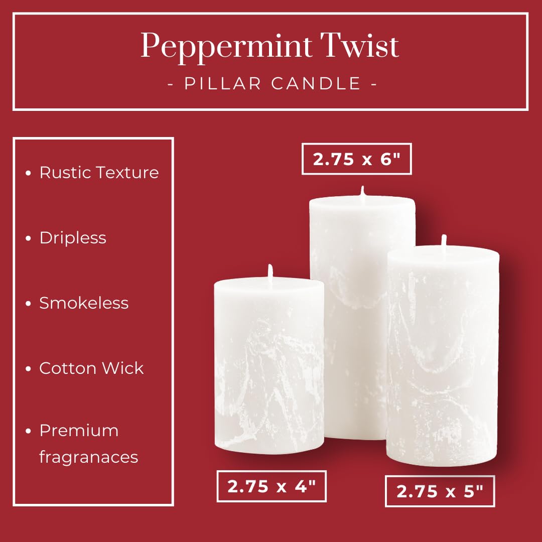 Becky Home Peppermint Candle, Set of 3, 3x4, 3x5, 3x6 Scented Pillar Candles, Christmas, Holiday Home Accent, Candy Cane Aroma, Fresh Winter Scent, Seasonal Gift Candle for Men and Women