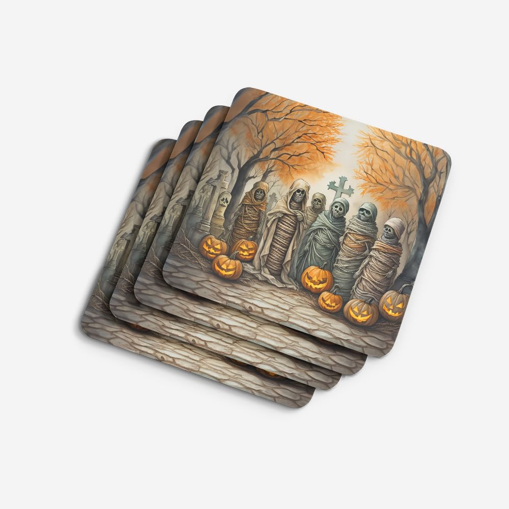 Caroline's Treasures Mummies Spooky Halloween Foam Coaster Set of 4 Cup Coasters for Indoor and Outdoor, Coaster for Tabletop Protection, Anti Slip, Mouse pad Material