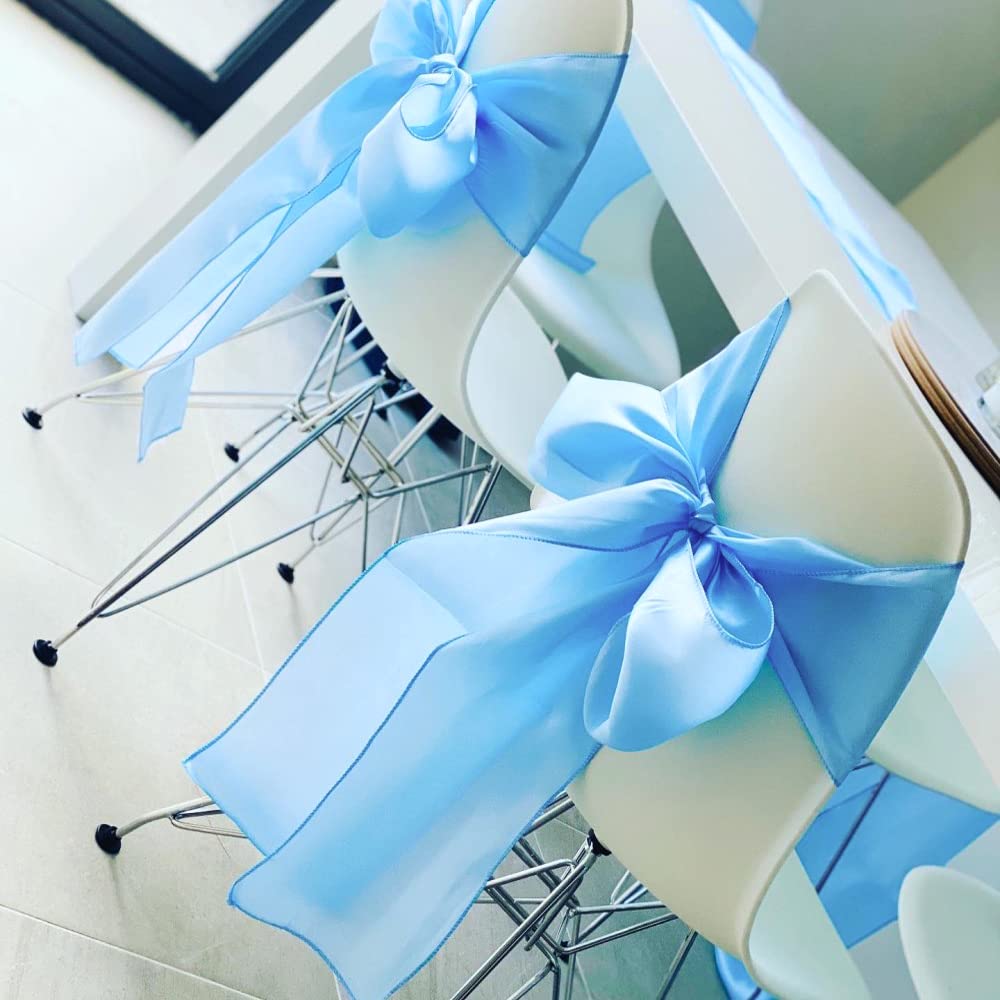 SINSSOWL 50 Baby Blue Chair Sashes Satin Chair Bows for Wedding Birthday Party Fiesta Decor - 7x108 Inches Ribbons Ties Fitted Banquets Folding Decorations