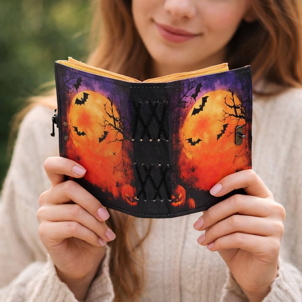 cuero Leather Halloween Journal with Pumpkin & Bat Print, Vintage Handmade Diary with Antique Metal Lock, Thick Handmade Paper, Gothic Notebook for Writing, Sketching & Gift (6.5 x 5)