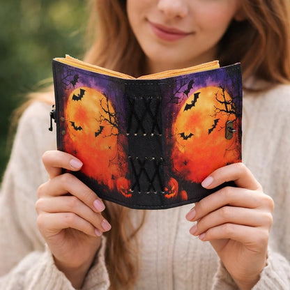 cuero Leather Halloween Journal with Pumpkin & Bat Print, Vintage Handmade Diary with Antique Metal Lock, Thick Handmade Paper, Gothic Notebook for Writing, Sketching & Gift (6.5 x 5)