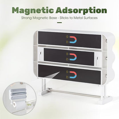 Aluminum Foil & Plastic Wrap Dispenser with Cutter - Magnetic & No-Drill Wall Mount, Cling Film Dispenser with Paper Towel Holder, Space-Saving 4-in-1 Kitchen Organizer - Fits 12" Roll, White
