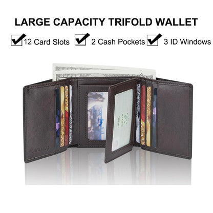 VANNANBA Men's Leather Trifold Wallet with Folded ID Windows,12 Card Slots & 2 Note pockets(Dark Brown)