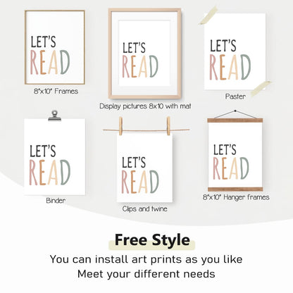 PLKMN Reading Nook Decor for Kids, Boho Rainbow Prints, Let's Read Posters, Classroom and Nook Wall Art, 8x10 Inch, Set of 4, Unframed