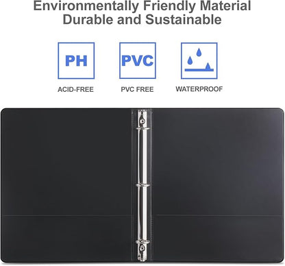 3 Ring Binder 1/2 Inch, ViVin Sturdy 0.5"-Round Ring Binder with 2 Interior Pockets, Clear View Cover, PVC-Free, Fits 100 Sheets of 8.5'' x 11'' Paper, Office Home School (12 Pack, Black)