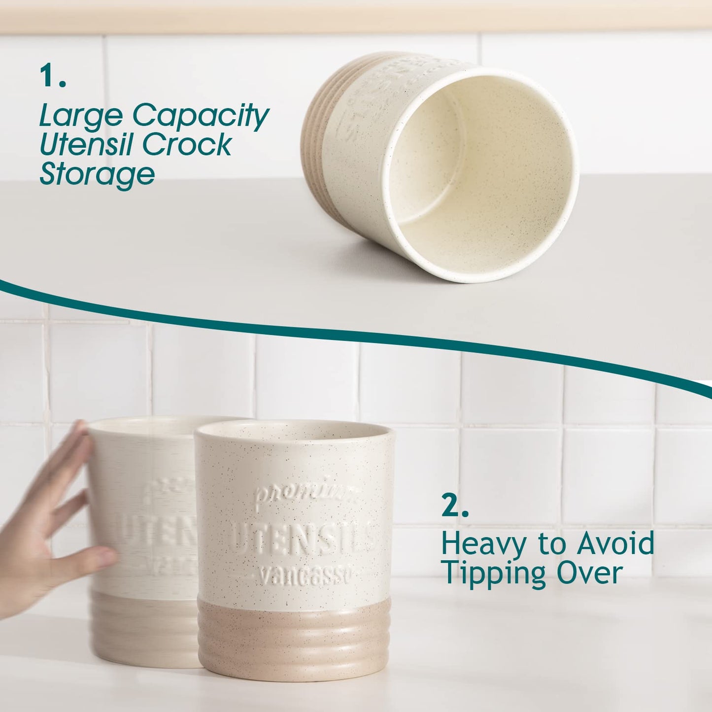 vancasso Sabine Ceramic Utensil Holder for Kitchen Counter, 7.2" Large Utensil Crock, Matte Cream Farmhouse Kitchen Utensil Holder, Countertop Organizer for Spoons, Spatulas and Cooking Tools