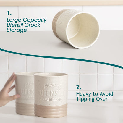 vancasso Sabine Ceramic Utensil Holder for Kitchen Counter, 7.2" Large Utensil Crock, Matte Cream Farmhouse Kitchen Utensil Holder, Countertop Organizer for Spoons, Spatulas and Cooking Tools