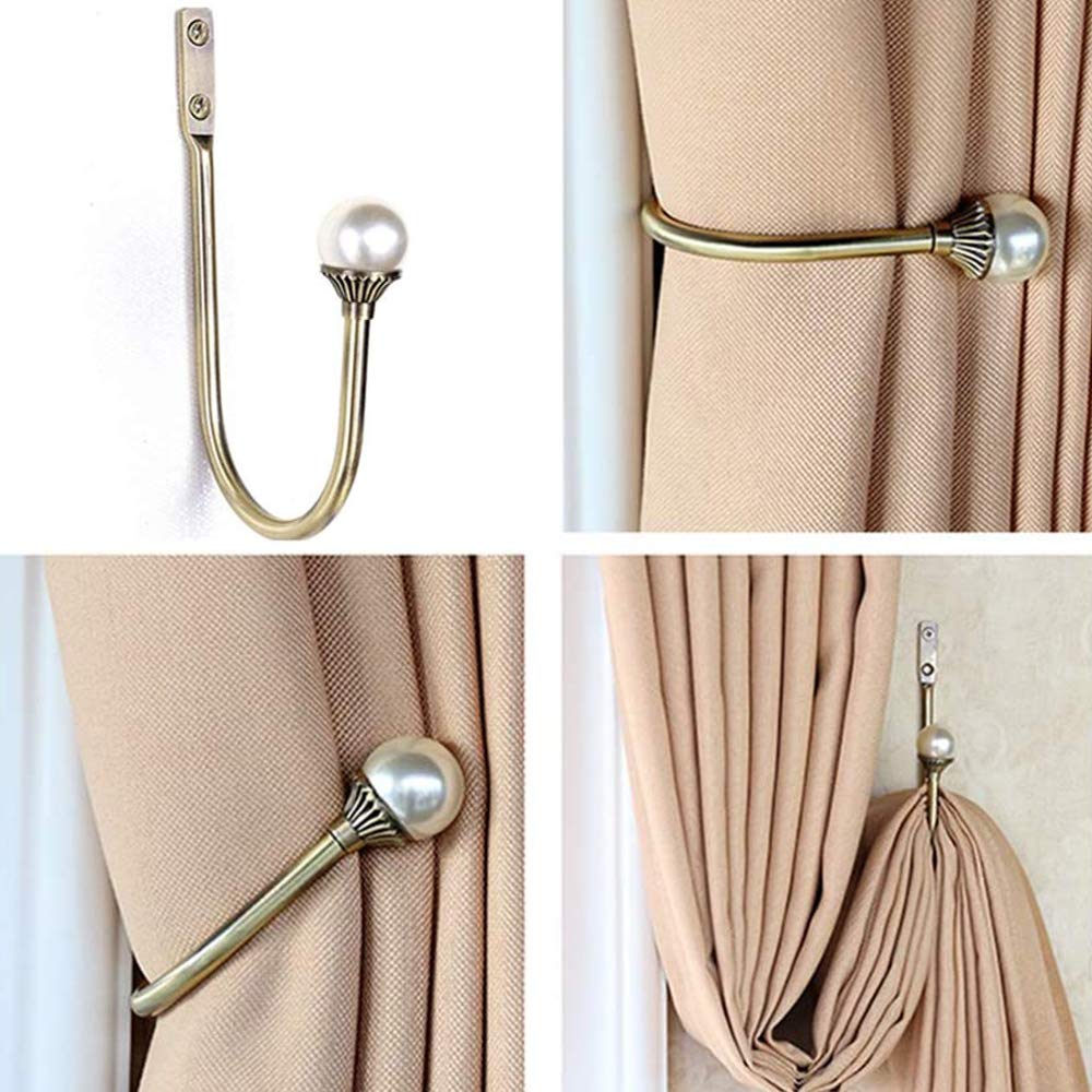 COCIVIVRE 2 Pack Curtain Holdbacks Wall Mounted Curtain Tiebacks Hooks Plastic Pearl U Shape Curtain Tiebacks with Screws Curtain Ties for Home Office-Gold