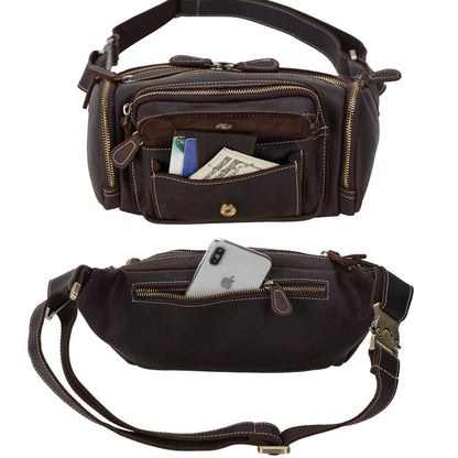 TIDING Leather Fanny Pack For Men Large Capacity Crossbody Waist Belt Bag For Travel Sports Outdoor Hiking Cycling Running