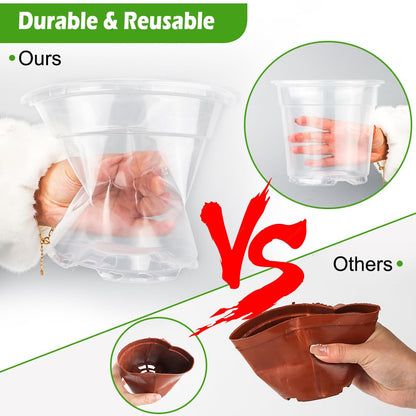 RooTrimmer 6 Inch Clear Nursery Pots with Humidity Dome, 15 Pack Durable Seed Starting Pot with Drainage Holes, Transparent Plastic Plant Seedling Pots for Indoor Gardening Plants
