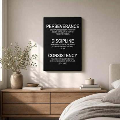 PJQART Inspirational Posters for Office Canvas Wall Art, Perseverance Discipline Consistency Definition Print for Home Office Dorm Classroom, Framed Black White, 24x18inch