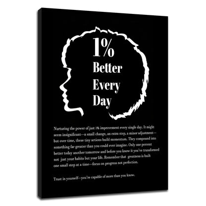 DINGFUN Inspirational Posters for Office 1 Percent Better Every Day Canvas Wall Art, Black White Quote Single Panel Wall Decor for Home Office Dorm Classroom 24x18 Inch