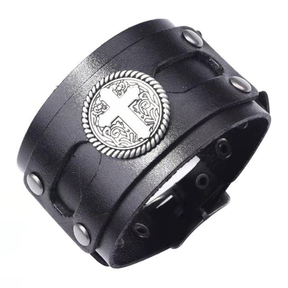 NIGHTCRUZ Wide Leather Bracelet with Cross, Medieval Leather Cuff Wristband for Mens
