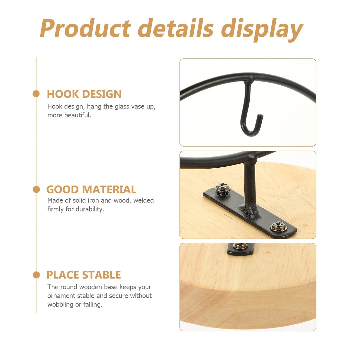 OSALADI Glass Flowerpot Desktop Stand with Wooden Base, Moon-shaped Iron Terrarium Hanging Bracket for Indoor Plant Display and Ornament Holder