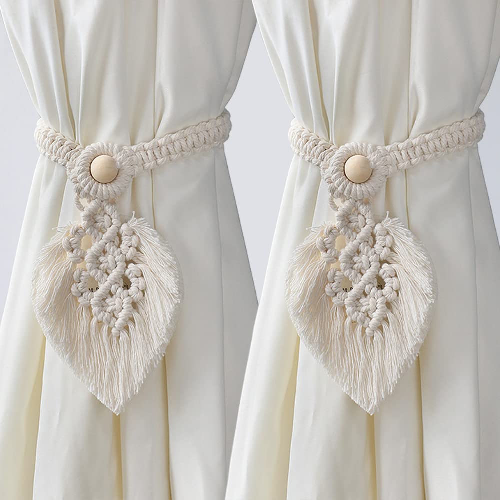 2Pack Curtain Tiebacks Handmade Holdbacks - Farmhouse Curtain Tie Back Holder by Hand-Woven Cotton Rope, Bohemian Home Decor Drapery Holdback