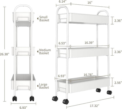 Slim Rolling Cart, Metal Frame Utility Rolling 3-Tier Narrow Storage Cart with Handle Kitchen Storage Organizer, Mobile Shelving Unit for Bathroom Kitchen