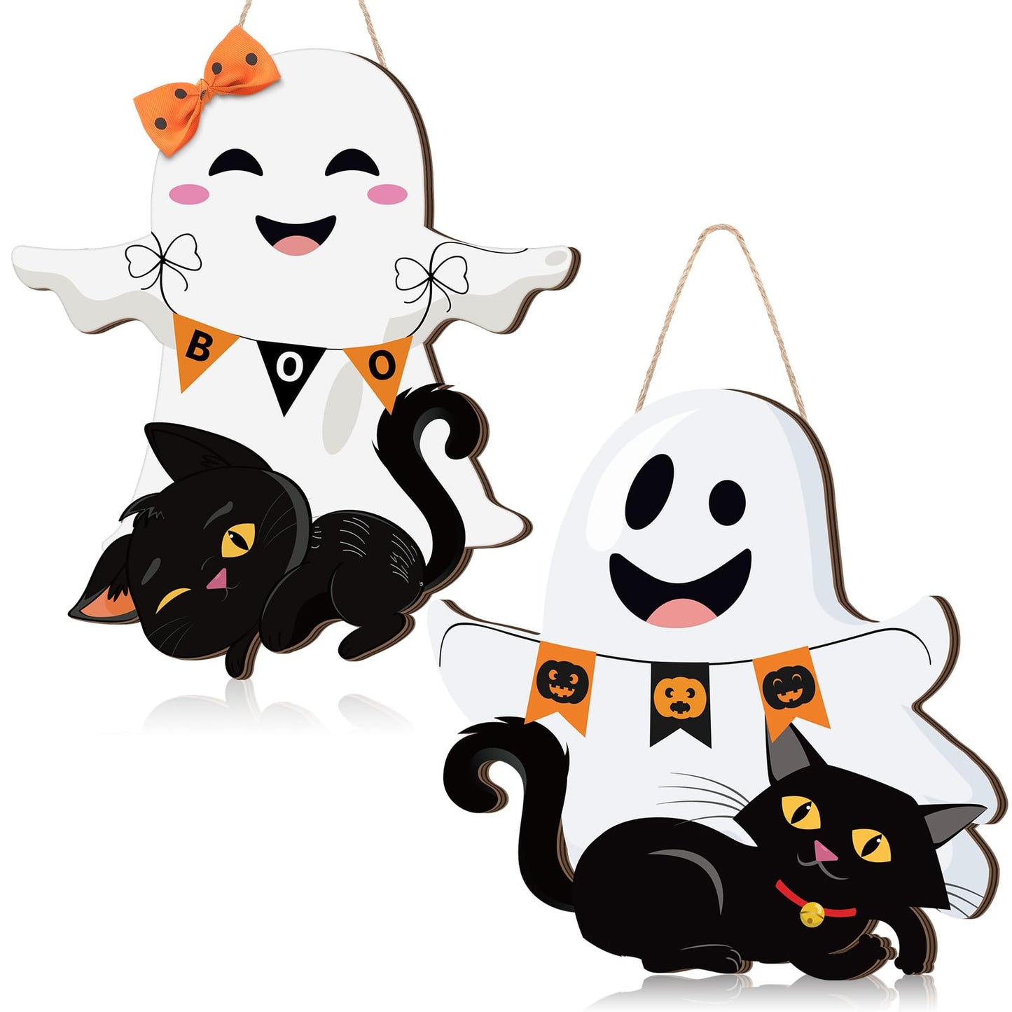 Leinuosen 2 Pcs Halloween Ghost Witch Door Sign Boo Decorations Front Door Hanger Wreath Decor Black Cat Pumpkin Wooden Hanging Sign for Party Supplies (Ghost)