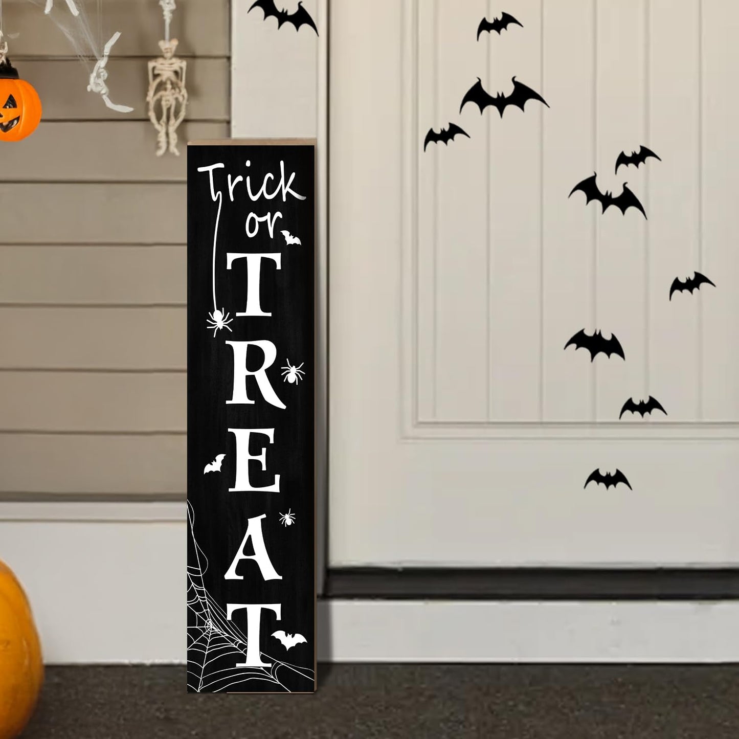 Halloween Porch Sign, Trick or Treat Wooden Welcome Sign with Bats, Spiders and Spider Web Design, Vertical Front Door Sign for Entryway, Farmhouse Halloween Porch Decor, 31.5 Inch