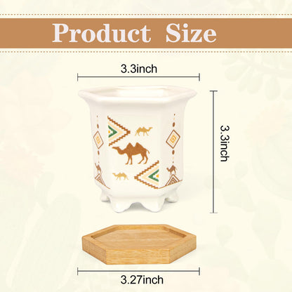Succulent Pots 6 Pack, Small 3.3 Inch Cactus Pots with Drainage and Bamboo Tray, Ceramic Plant Pots for Succulents, Small Planters for Indoor Plants, Mini Flower Pots