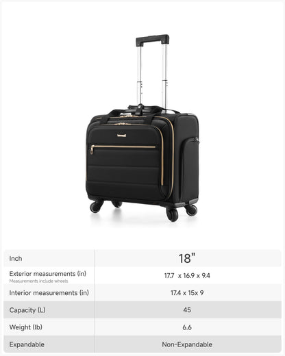 LUGGEX Rolling Laptop Bag with Wheels, 17.3" Soft Sided Laptop Rolling Briefcase with 4 Spinner Wheels - Lightweight Carry On for Business Travel Overnight (UDS-Core, Black, 18 Inch)