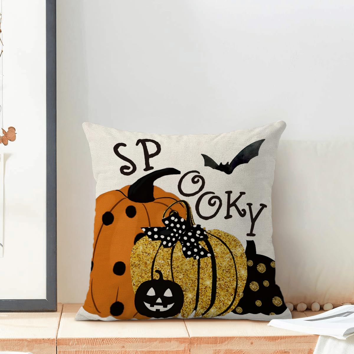 Halloween Pillow Covers 18 x 18 Inch Set of 2 Polka Dot Pumpkin Spooky Bat Throw Pillows Outdoor Decorative Fall Halloween Horror Pillowcases Linen Cushion Cases for Farmhouse Home Bed Sofa Couch