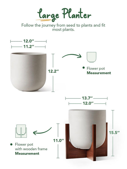 LE TAUCI 12 Inch Plant Pot with Acacia Wood Stand, Ceramic Large Planters for Indoor Plants, Indoor Pots for Plants Office Living Room, Cylinder Planter with Drainage Hole and Plug, Neutral Gray