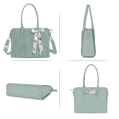 MOSISO Laptop Bag for Women, 15.6-16 inch PU Leather Tote Bag Compatible with MacBook, HP, Dell, Asus Notebook, Front Embossed Retro Hibiscus Computer Bags with Silk Scarf&Clutch Purse, Antique Green