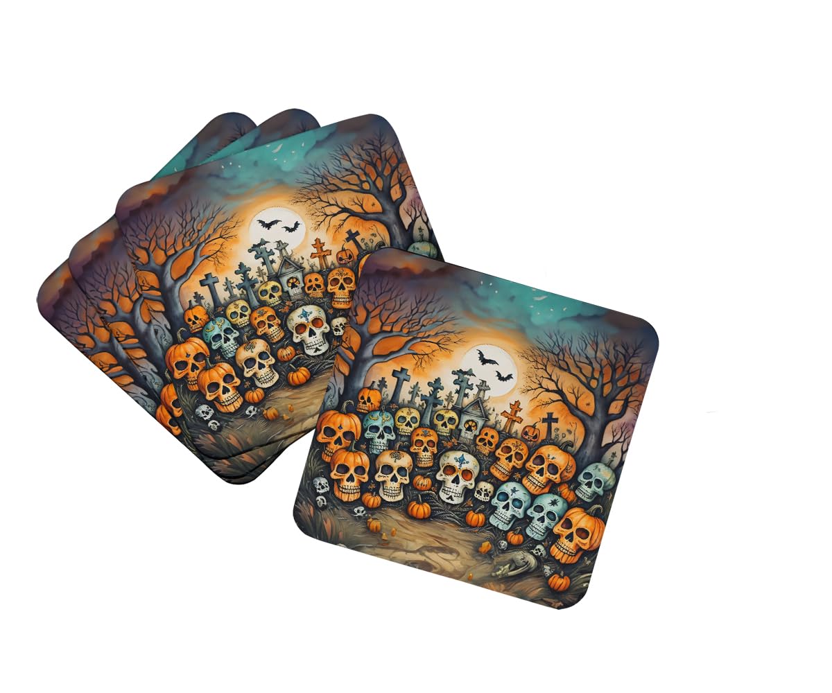 Caroline's Treasures Calaveras Sugar Skulls Spooky Halloween Foam Coaster Set of 4 Cup Coasters for Indoor and Outdoor, Coaster for Tabletop Protection, Anti Slip, Mouse pad Material