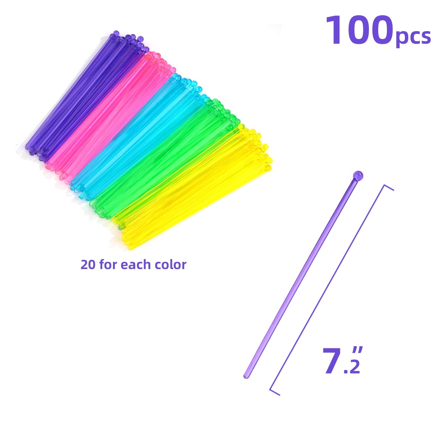 hapray 100-PCS 5 Color Plastic Swizzle Sticks, Crystal Cake Pops, Cocktail Coffee Drink Stirrers, Stir Sticks, 7.24 Inch (Pink, Yellow, Blue, Purple, Green)