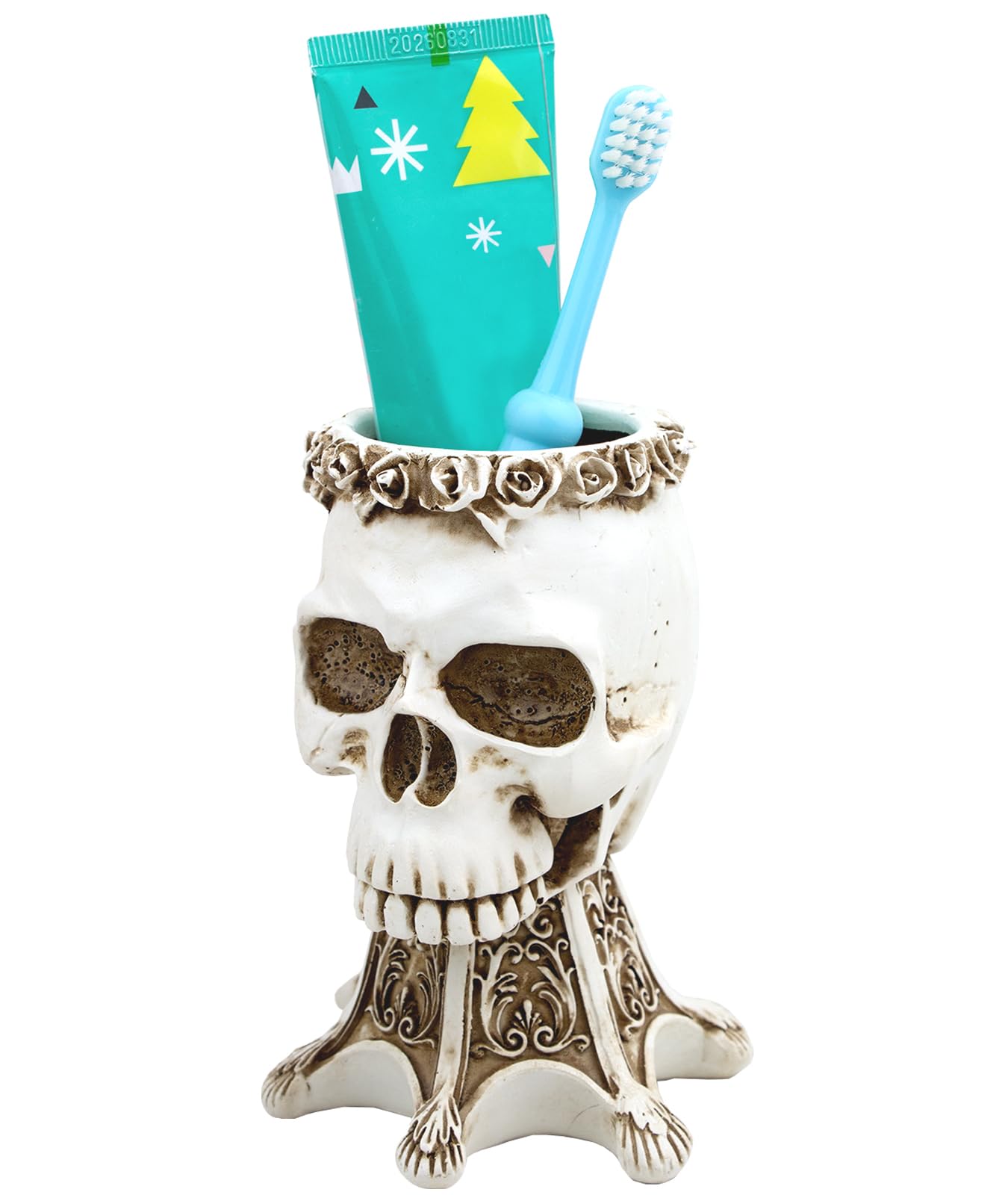 OOXYG Skull Toothbrush and Toothpaste Holder for Bathroom, Unique Skull Makeup Brush Holder, Resin Skeleton Pen Holder, Home Office Bathroom Halloween Decor
