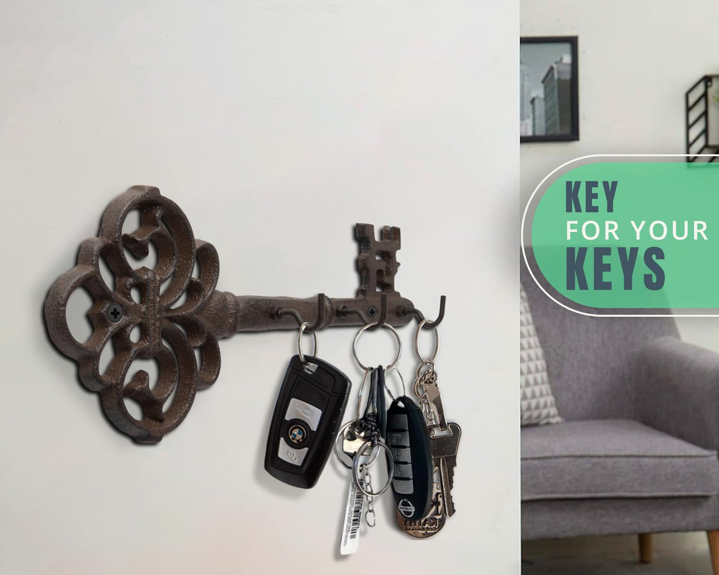 Comfify Brown Cast Iron Skeleton Key Wall Hook – 3 Hooks, 10.8" L