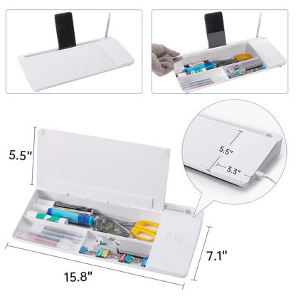 Small Glass Desktop Whiteboard Dry-Erase-Board - Computer Keyboard Stand with Wireless Charger White Board Surface Pad with Drawer, Desk Organizers with Accessories for Office, Home, School Supplies