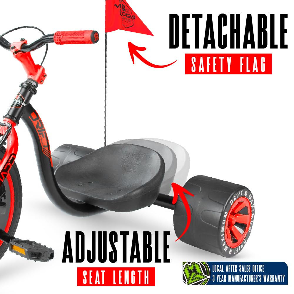 Drift Trike for Kids Ages 5+ – 16" Front Wheel Ride-On with Adjustable Seat, Steel Frame, Rear Slick Drift Wheels & Safety Flag – Madd Gear - (Black Red)