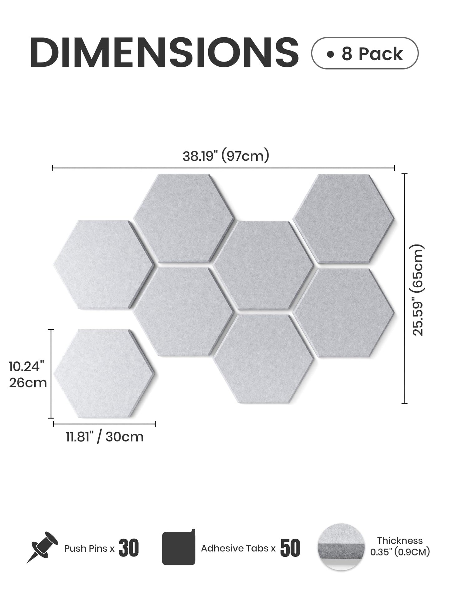 Fluxynara Hexagon Cork Board Alternative for Walls Decor-8-Pack Felt Bulletin Board Tiles,with 30 Pushpins,50 Adhesive Tabs for Office,Classrooms & Home Pin Board Felt Board-Soft Gray