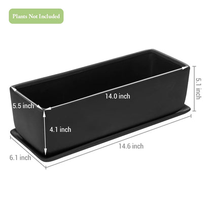MyGift 14 Inch Ceramic Indoor Plant Pot, Rectangular Succulent Planter, Decorative Flower Planter with Drainage Hole and Removable Tray, Matte Black