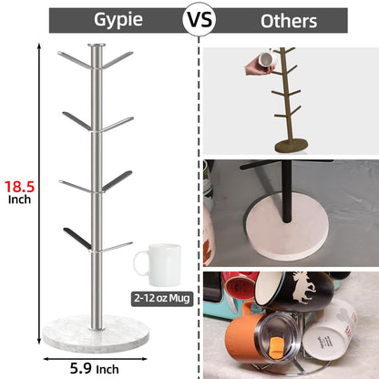 Gypie Marble Mug Holder Tree, 8 Hooks Brushed Nickel Coffee Cups Stand, New Upgraded Stable Mug Stand for Kitchen Counter Cabinet Cafe